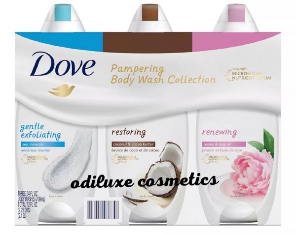 Dove Body Wash Variety Pack Gentle Exfoliating, Restoring Coconut, and Renewing Peony, 24 oz./ 709ml each 3 pk (US).