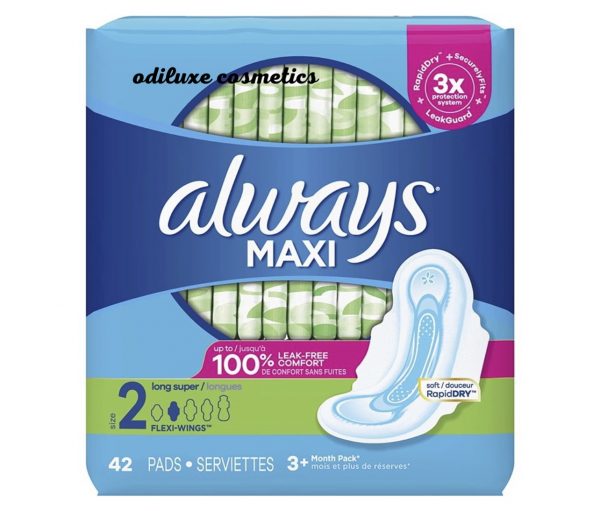 Always Maxi Pads Long Super Absorbency Unscented with Wings – Size 2 – 46 Pads (US)