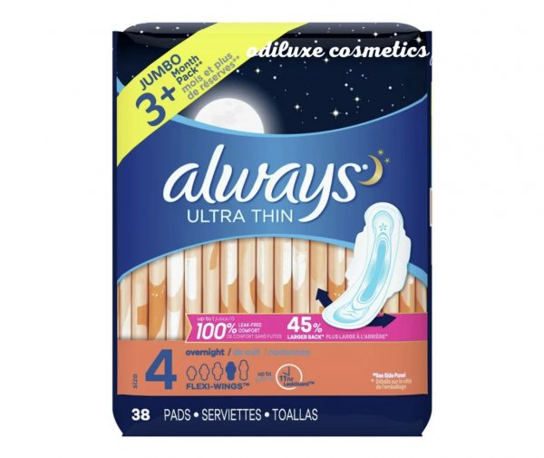 Always Ultra Thin Overnight Pads with Wings, Unscented, Size 4, 40 Pads (US)