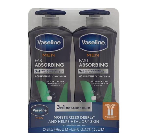 Vaseline Men Fast Absorbing 3-in-1 Face, Hands & Body Lotion for Men 2 pk./20.3 oz. (US)